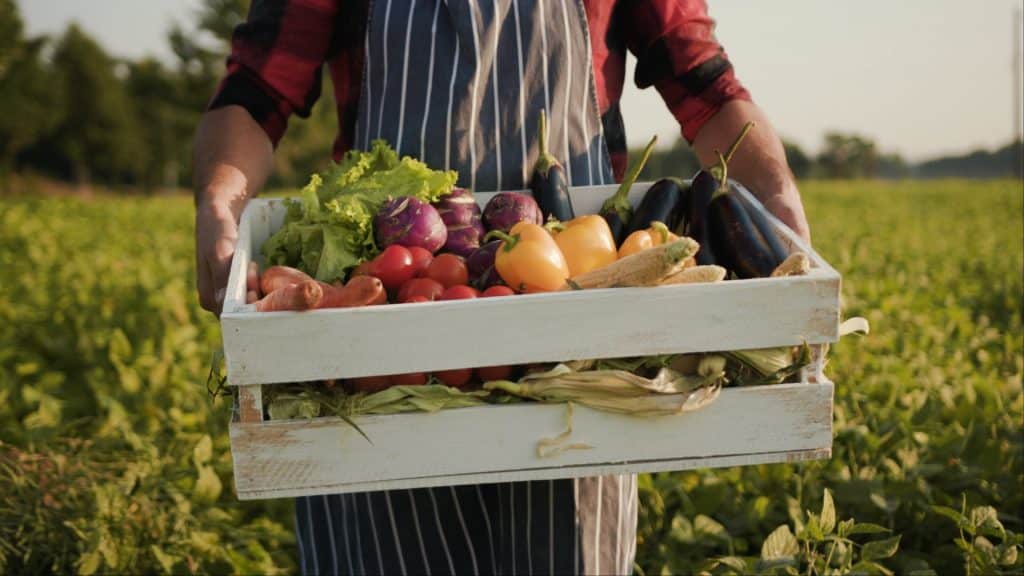 Farmers hands holding a box of organic vegetables